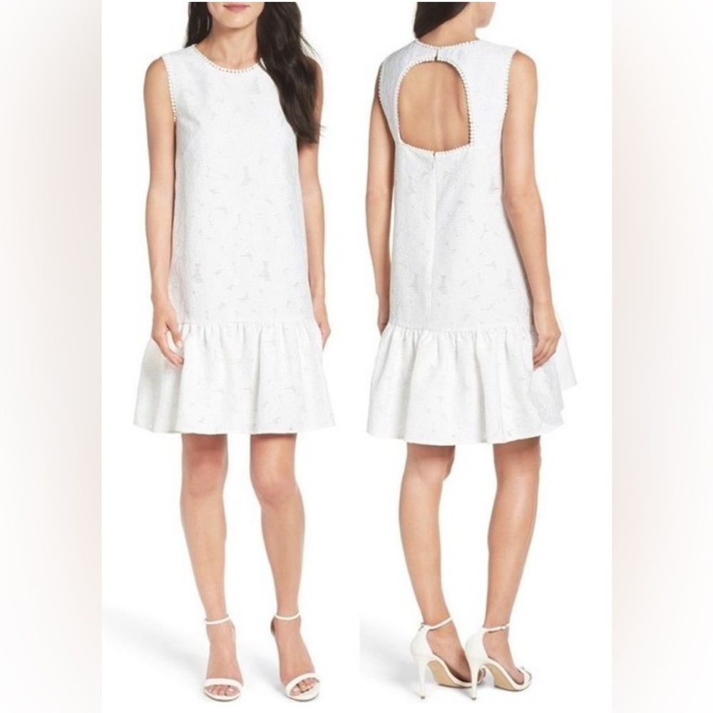 Maggy London Lace Ruffle Dress 10P White Sleeveless Cutout back $138 Nordstrom